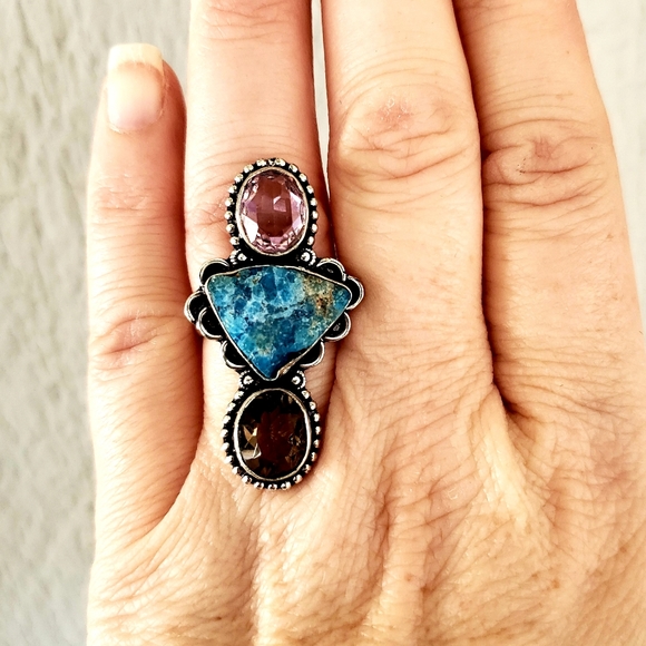 New Natural Blue Kyanite, Smoky Topaz, Pink Topaz 925 Silver Ring. - Picture 8 of 8